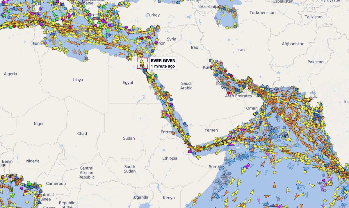 Screen grab of the traffic jam in the Suez Canal (Courtesy: VesselFinder)